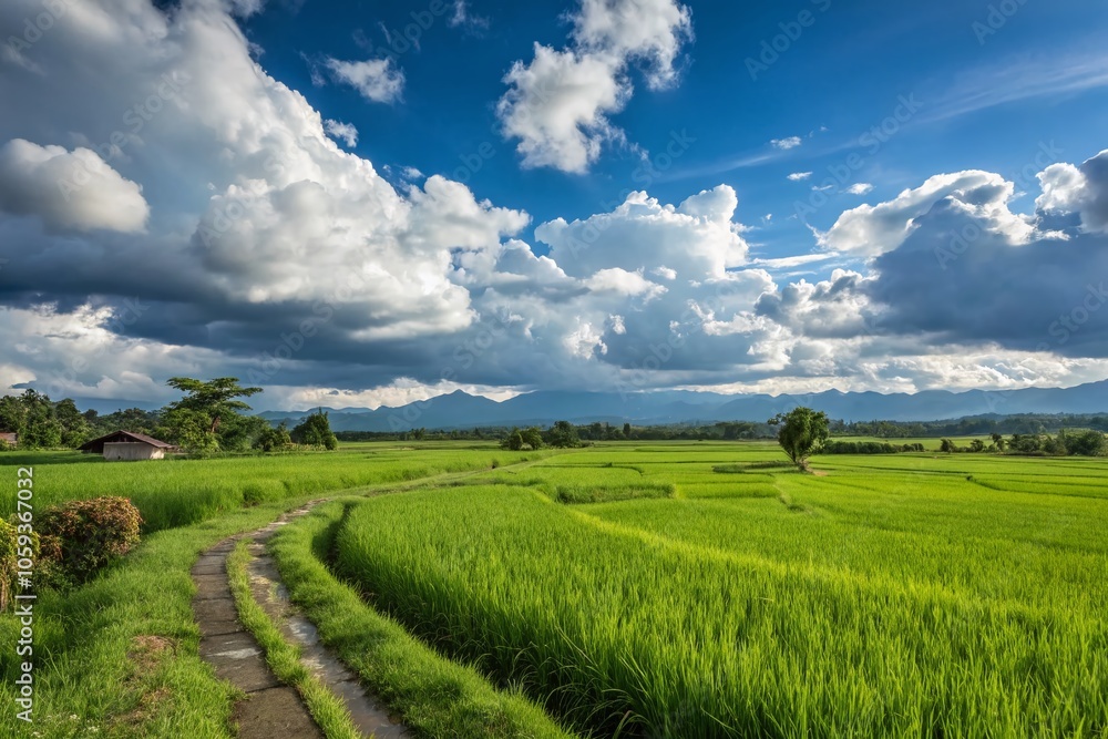 Lush Green Paddy Field Under a Bright Blue Sky with Fluffy Clouds - Nature Photography Lush Green Paddy Field Under a Bright Blue Sky with Fluffy Clouds - Nature Photography
