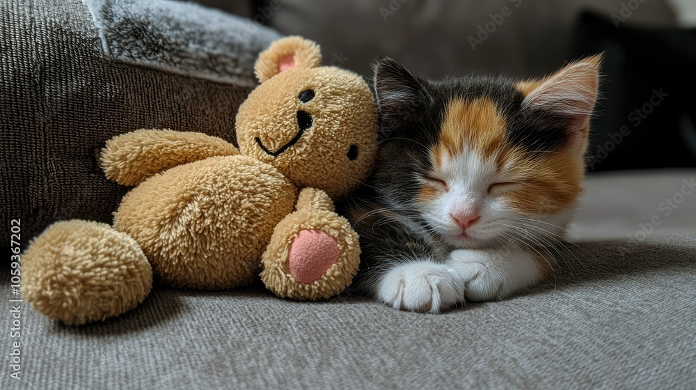 Fototapeta premium Sleeping Kitten and Teddy Bear on a Couch