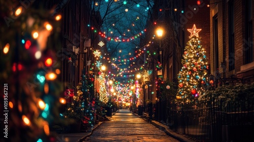 Wallpaper Mural A narrow street lined with festive Christmas lights and decorated trees creates a magical ambiance in a city neighborhood. Torontodigital.ca