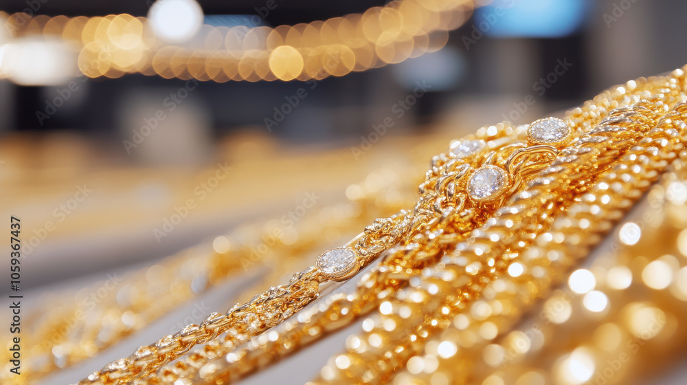 Luxurious gold jewelry with sparkling diamonds, showcasing elegance and wealth Luxurious gold jewelry with sparkling diamonds, showcasing elegance and wealth