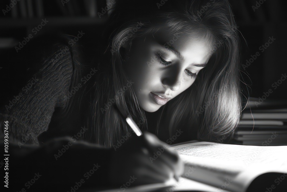 Young girl studying with determination and focus. Young girl studying with determination and focus.