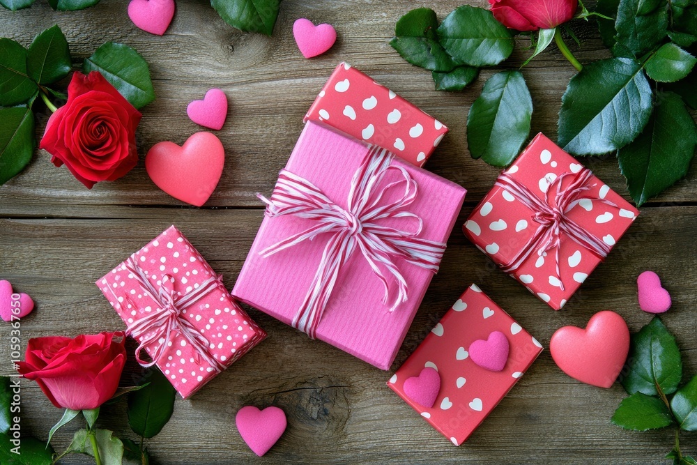 Postcard with gift boxes, hearts and roses on wooden background. Valentines, mothers day and birthday celebration concept with generative ai Postcard with gift boxes, hearts and roses on wooden background. Valentines, mothers day and birthday celebration concept with generative ai