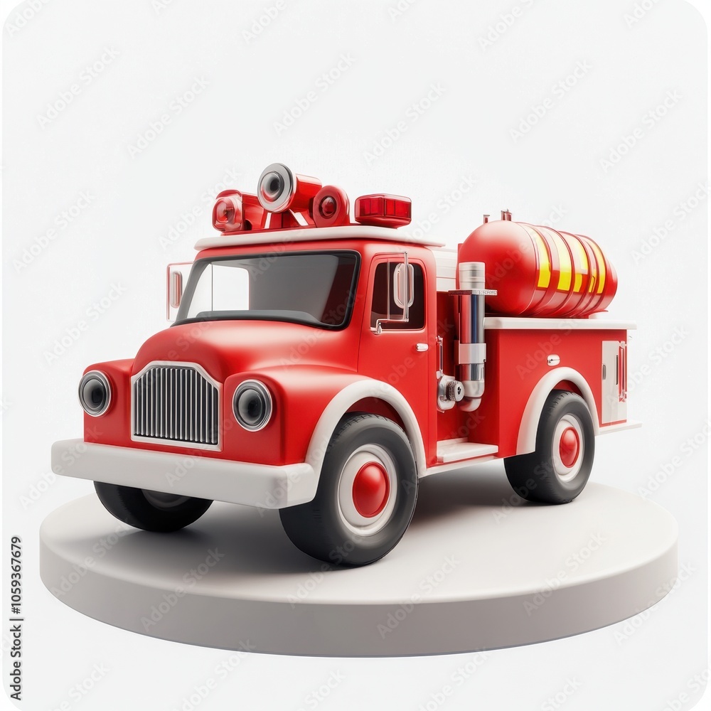 Whimsical Red Fire Truck Toy on White Background Whimsical Red Fire Truck Toy on White Background