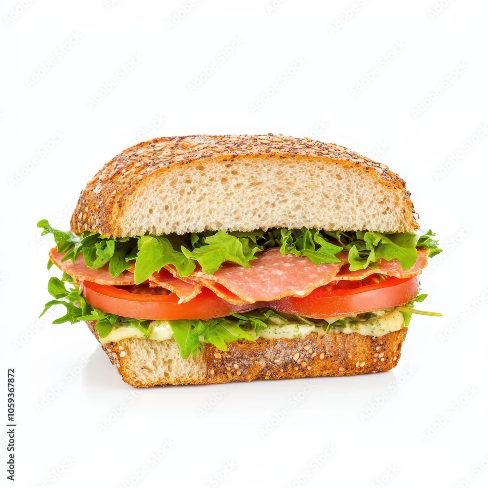 A fresh sandwich with layers of lettuce, tomato, and meat on whole grain bread, appealing for a healthy meal option. A fresh sandwich with layers of lettuce, tomato, and meat on whole grain bread, appealing for a healthy meal option.