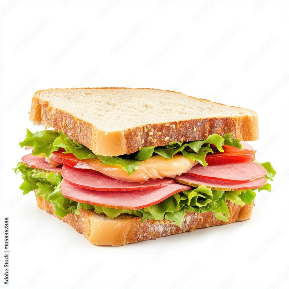 A delicious sandwich stacked with ham, cheese, lettuce, and tomatoes, served on fresh bread, perfect for lunch or a snack. A delicious sandwich stacked with ham, cheese, lettuce, and tomatoes, served on fresh bread, perfect for lunch or a snack.