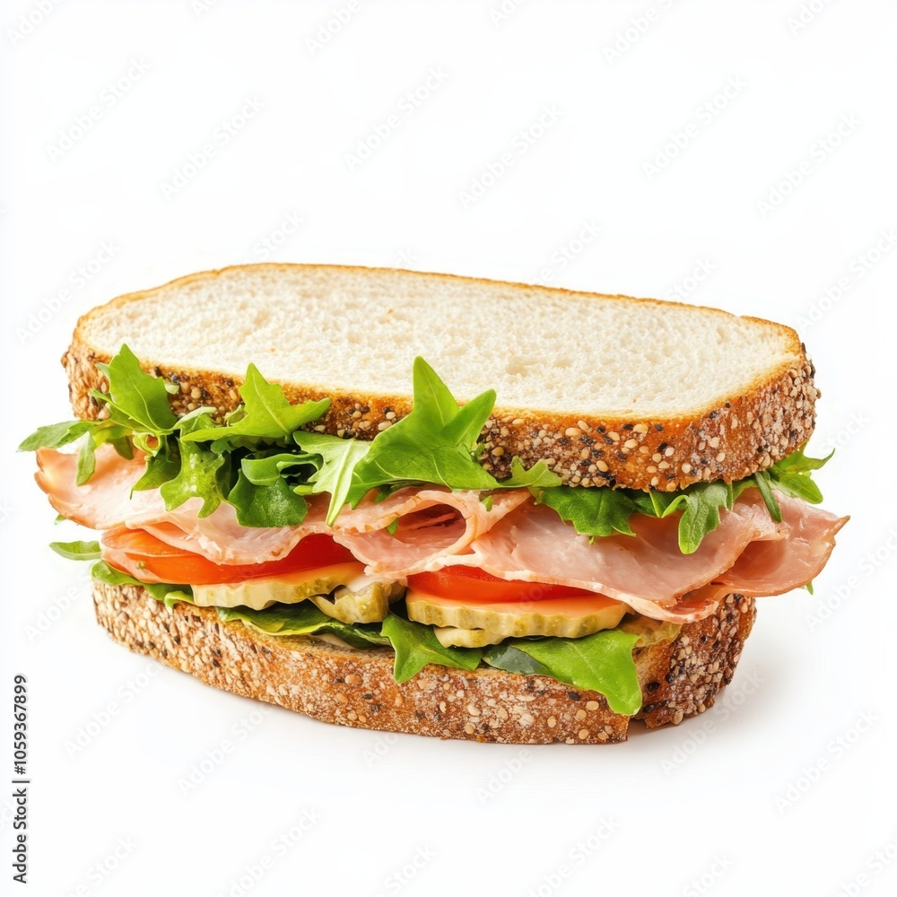 A delicious sandwich with layers of ham, fresh lettuce, tomatoes, and pickles, all nestled between two slices of wholesome whole grain bread. A delicious sandwich with layers of ham, fresh lettuce, tomatoes, and pickles, all nestled between two slices of wholesome whole grain bread.