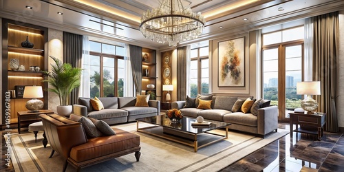 Luxurious Living Room Interior Design in a Villa with Elegant Decor and Copy Space for Modern Aesthetics