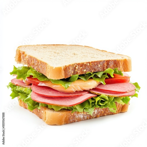 A delicious sandwich stacked with ham, cheese, lettuce, and tomatoes, served on fresh bread, perfect for lunch or a snack.