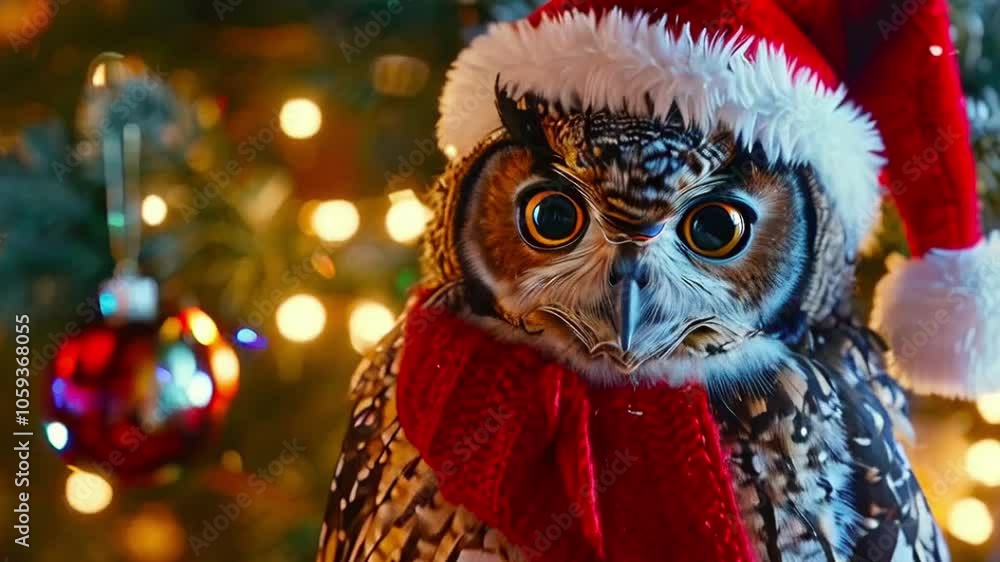 Noble white owlet with Christmas gifts in a festive interior Noble white owlet with Christmas gifts in a festive interior