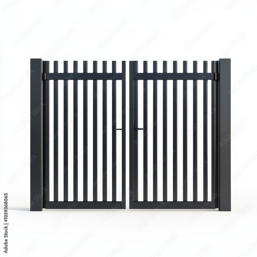 A modern black gate with vertical slats, designed for security and aesthetics, set against a white background. A modern black gate with vertical slats, designed for security and aesthetics, set against a white background.