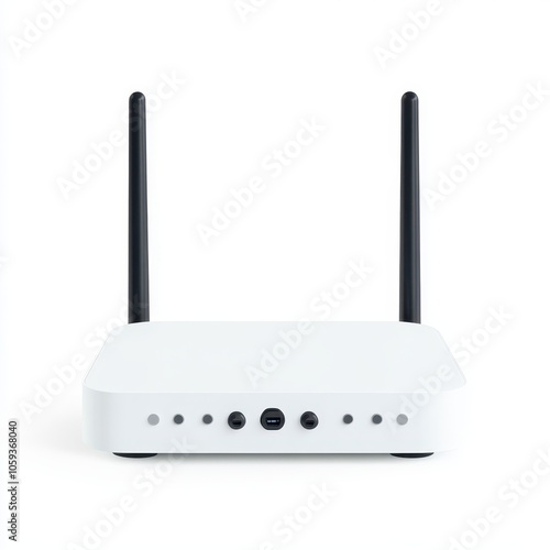 A compact white wireless router featuring two antennas and multiple ports for connectivity.