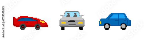 Colorful pixel cars set. Arcade red racing transport with blue 8bit graphics for game design and movement with retro vector style