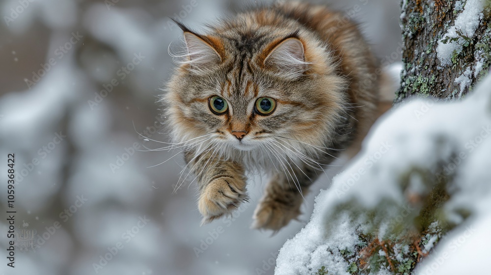 A Tabby Cat Leaping Towards the Viewer Through a Snowy Forest A Tabby Cat Leaping Towards the Viewer Through a Snowy Forest