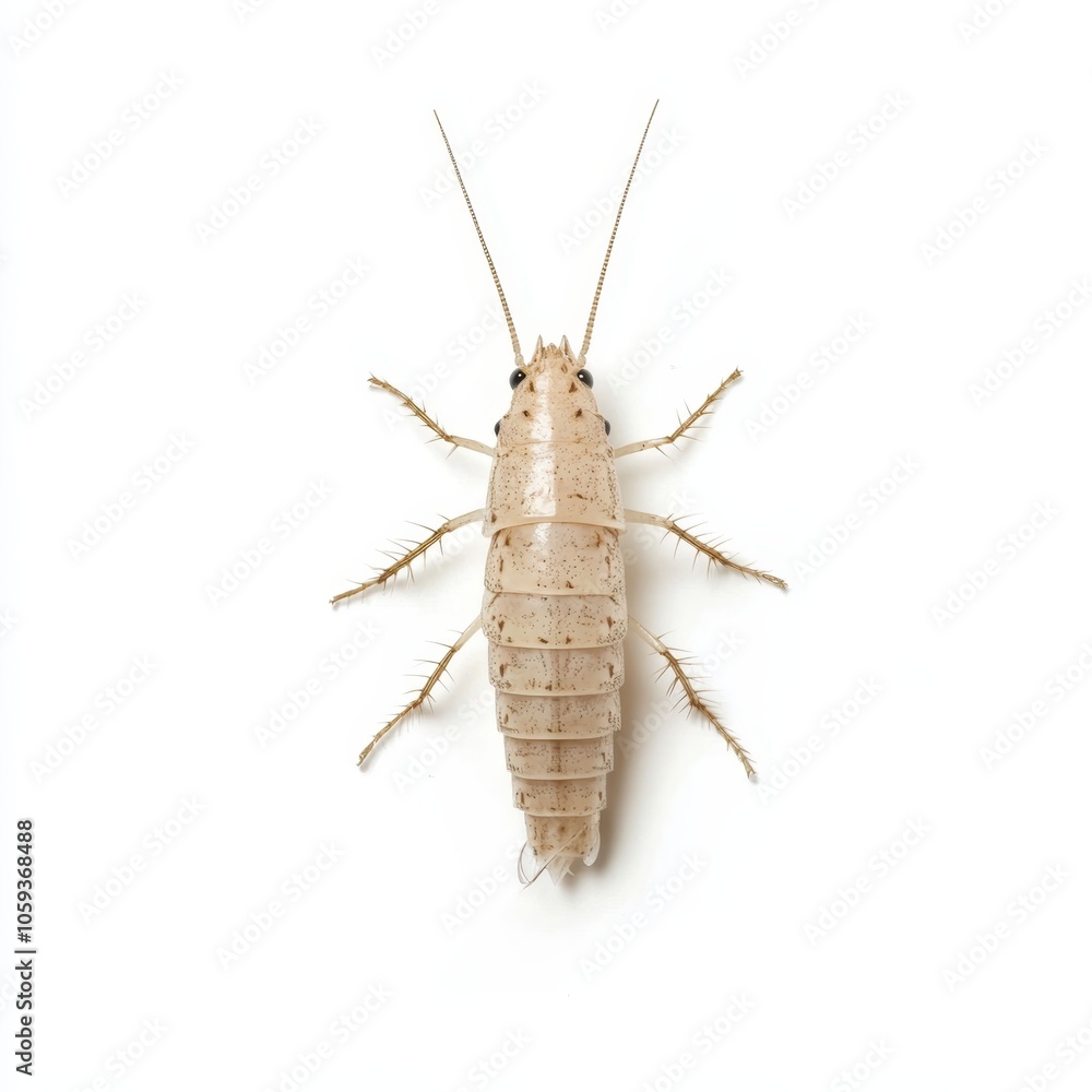 A close-up view of a pale insect featuring long antennae and a segmented body, commonly associated with household environments. A close-up view of a pale insect featuring long antennae and a segmented body, commonly associated with household environments.