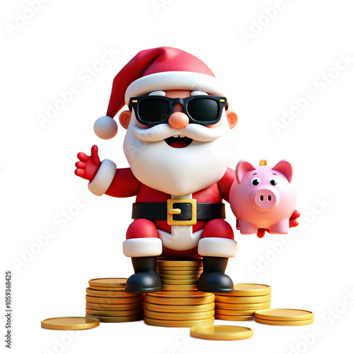 Santa Claus in sunglasses sits on a pile of gold coins, holding a pink piggy bank. This festive scene combines holiday cheer with financial savings. 3D render isolated on transparent background.