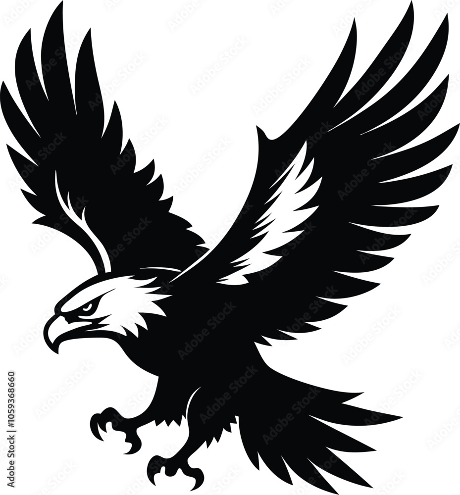 Obraz premium Vector silhouette of flying Eagle an white background 