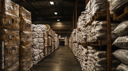 Wallpaper Mural A warehouse aisle lined with stacked pallets of shrink-wrapped goods. Torontodigital.ca