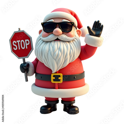 Santa Claus holds a stop sign, raising his hand to halt with a friendly smile. Perfect for conveying messages of caution, holiday safety, or pausing to enjoy the season.