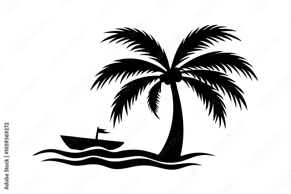palm tree under the river with boat vector silhouette line art on white background palm tree under the river with boat vector silhouette line art on white background