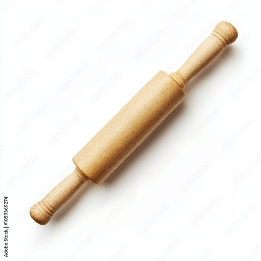 A classic wooden rolling pin, commonly used in baking for flattening dough and pastry preparation. A classic wooden rolling pin, commonly used in baking for flattening dough and pastry preparation.