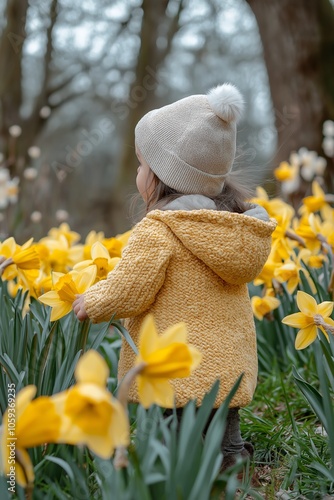 A young child explores a field of bright yellow flowers, evoking innocence and wonder amidst nature’s beauty. photo