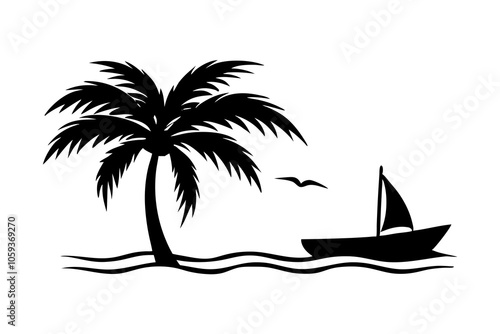 palm tree under the river with boat vector silhouette line art on white background