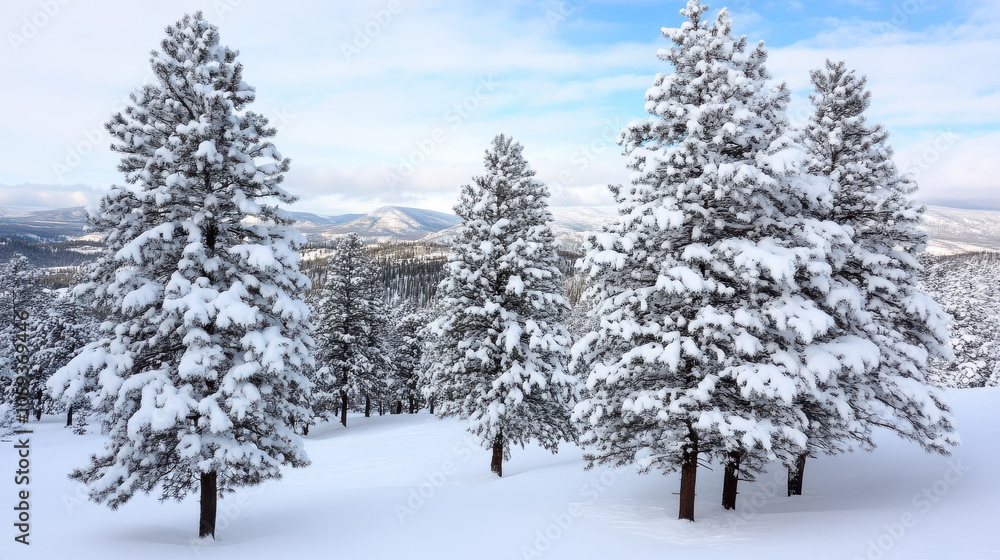 Fototapeta premium Snow covered pine trees glowing under winter sun create serene landscape
