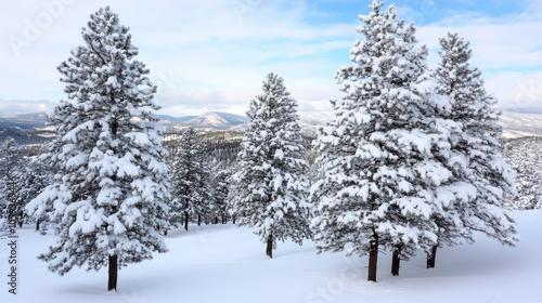 Snow covered pine trees glowing under winter sun create serene landscape