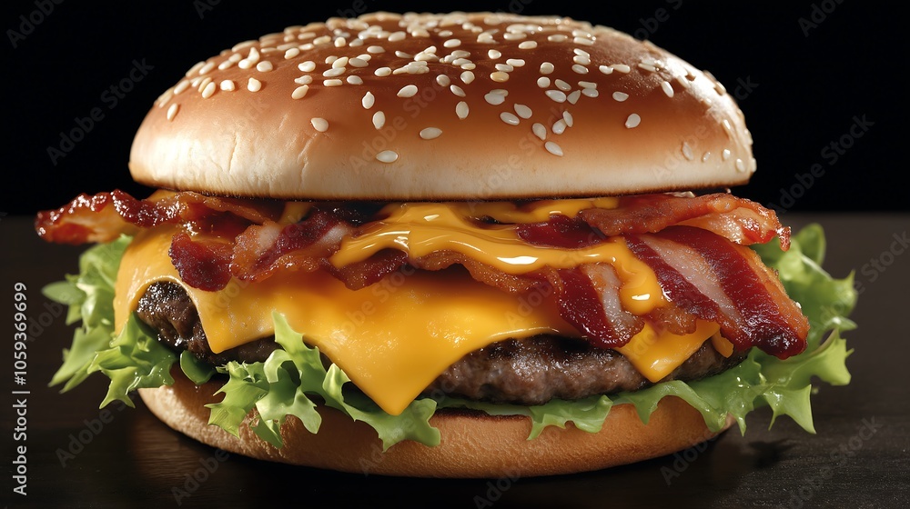 Close-up of a juicy cheeseburger with melted cheese, crispy bacon, and fresh lettuce, dripping with sauce, on a sesame seed bun. Close-up of a juicy cheeseburger with melted cheese, crispy bacon, and fresh lettuce, dripping with sauce, on a sesame seed bun.