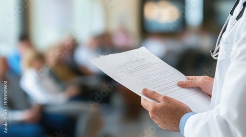 A doctor in a white coat holds medical papers in a waiting room with patients in the background.