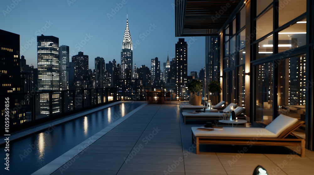 Obraz premium Nighttime Party at a Rooftop Bar Overlooking New York City