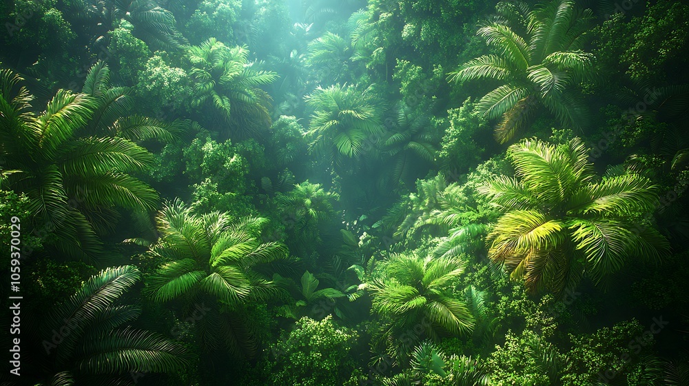 Lush green tropical jungle with palm trees and sunlight streaming through the canopy. Lush green tropical jungle with palm trees and sunlight streaming through the canopy.