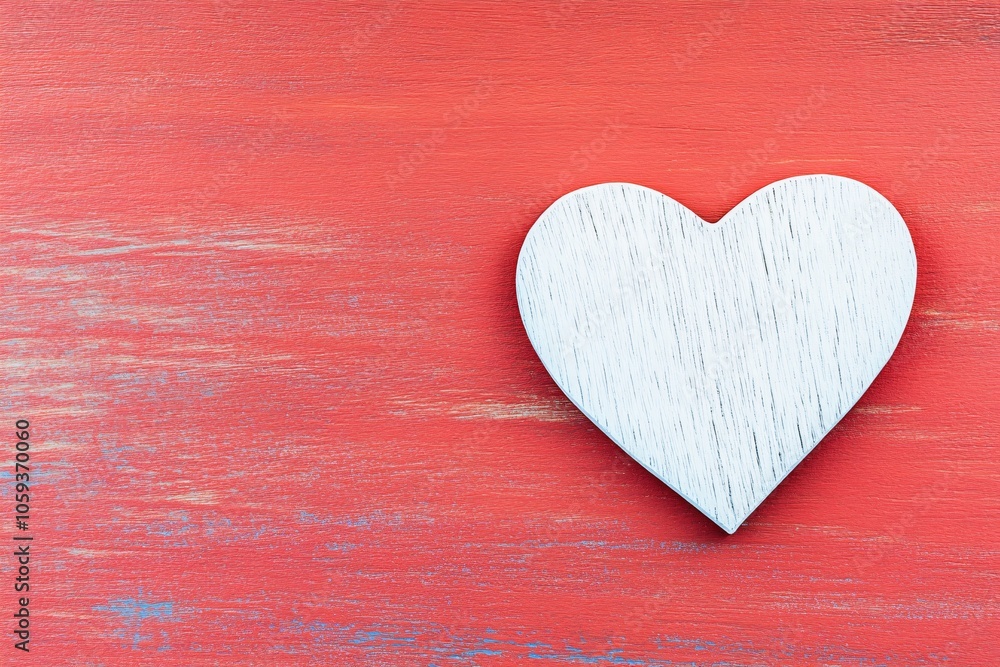 White Wooden Heart on Red Background - Romantic Decoration White Wooden Heart on Red Background - Romantic Decoration