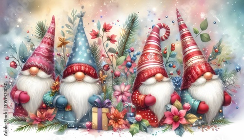  Watercolor Christmas Gnomes and Trees Holiday Illustration