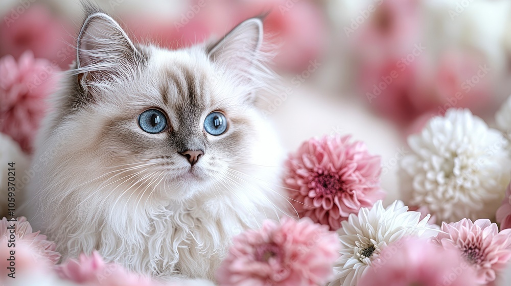 White Cat with Blue Eyes Surrounded by Pink Flowers White Cat with Blue Eyes Surrounded by Pink Flowers