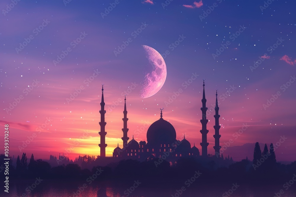 Islamic mosque silhouette at sunset with moon in sky. Islamic mosque silhouette at sunset with moon in sky.