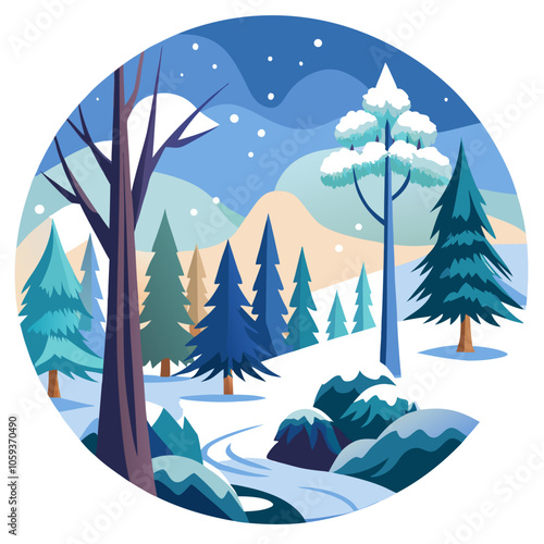 A serene winter forest vector illustration with snow-covered trees, conveying the peacefulness of a cold forest, suitable for holiday and seasonal graphic designs.