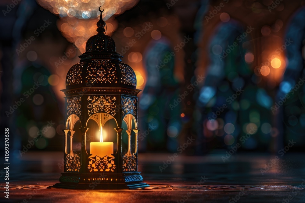 Arabic lantern with candle in mosque for Ramadan greeting card. Arabic lantern with candle in mosque for Ramadan greeting card.