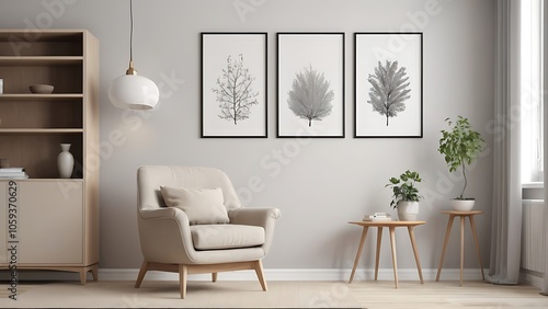 High resolution living room interior image design template with colour sofa and photo frames on the wall