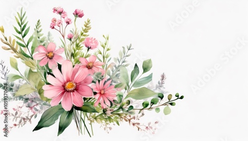 Delicate watercolor painting showcasing pink cosmos flowers and lush green leaves, creating a beautiful floral arrangement