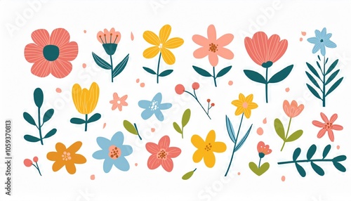 Cheerful and vibrant floral pattern featuring colorful hand drawn flowers and leaves on a white background