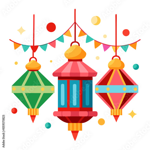 Illustration of traditional lanterns with festive decorations, ideal for holiday celebrations.