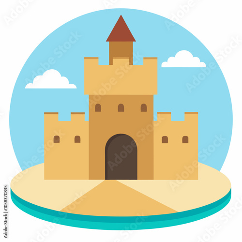 A cartoon illustration of a sandcastle on a beach with blue sky and clouds. The castle has a tall tower, a gate and small windows.