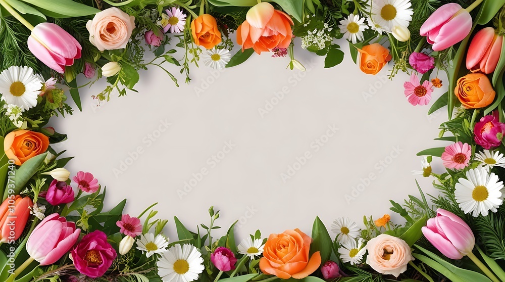 A delicate and ornate floral frame created from an array of vibrant and fresh flowers, including pink tulips, orange roses, and white daisies, intermingled with lush green foliage and smaller blooms. A delicate and ornate floral frame created from an array of vibrant and fresh flowers, including pink tulips, orange roses, and white daisies, intermingled with lush green foliage and smaller blooms.