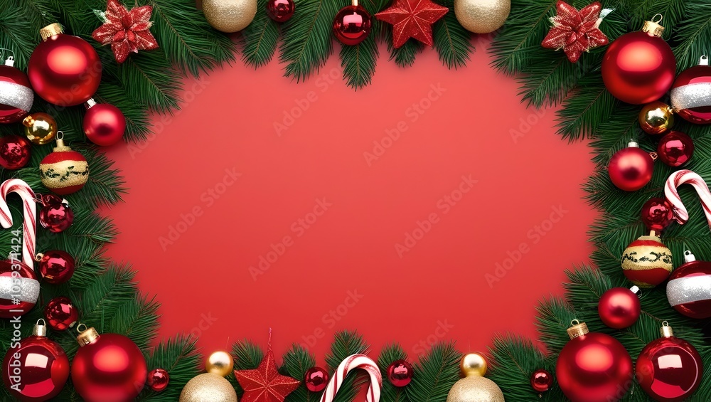 Holiday-themed border with Christmas decorations, including baubles, candy canes, and evergreen branches on a red backdrop. Holiday-themed border with Christmas decorations, including baubles, candy canes, and evergreen branches on a red backdrop.