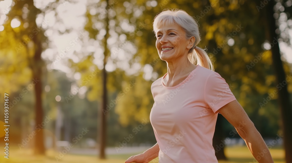 Woman in a pink shirt is smiling and running in a park Woman in a pink shirt is smiling and running in a park