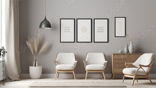 High resolution living room interior image design template with colour sofa and photo frames on the wall