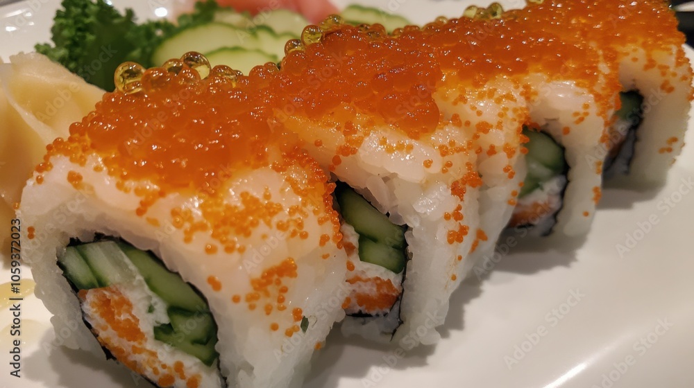 A vibrant sushi roll topped with fish roe and scallions, served with a side of pickled vegetables A vibrant sushi roll topped with fish roe and scallions, served with a side of pickled vegetables