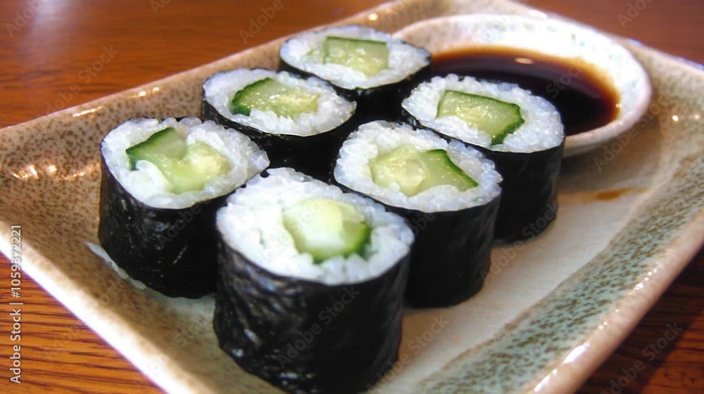 Classic cucumber and avocado maki roll, arranged on a simple plate with soy sauce on the side Classic cucumber and avocado maki roll, arranged on a simple plate with soy sauce on the side