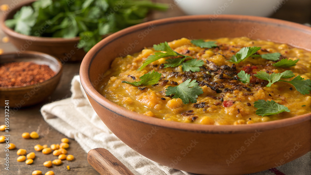 Delicious creamy lentil dal garnished with spices and fresh herbs, served warm and inviting. Generative AI Delicious creamy lentil dal garnished with spices and fresh herbs, served warm and inviting. Generative AI